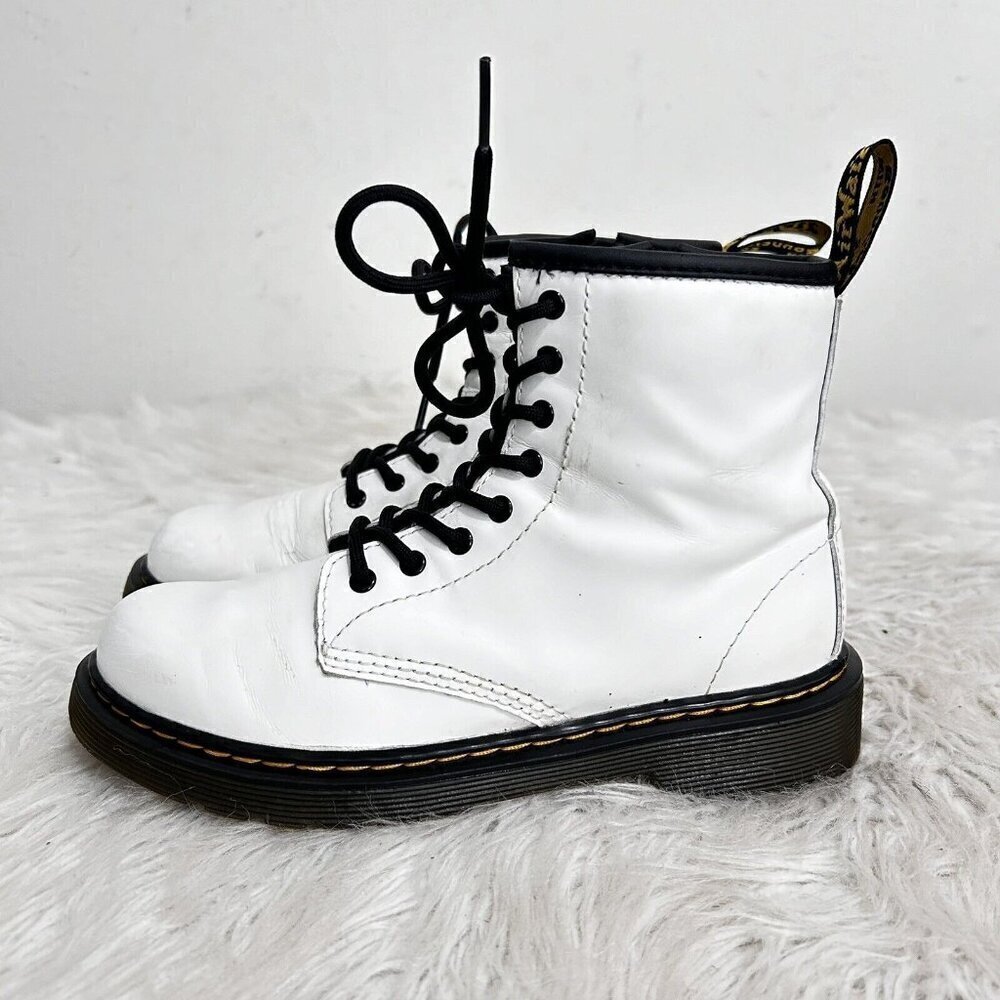 Dr. Martens 1460J Combat Boots Youth Size 3 US White Leather Lace Up‎ Side Zip